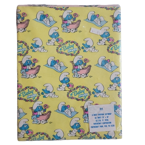 Vintage Other - VTG 1984 Peyo Baby Smurf Pink Yellow 8 Sheets Everyday Gift Wrap Paper NEW